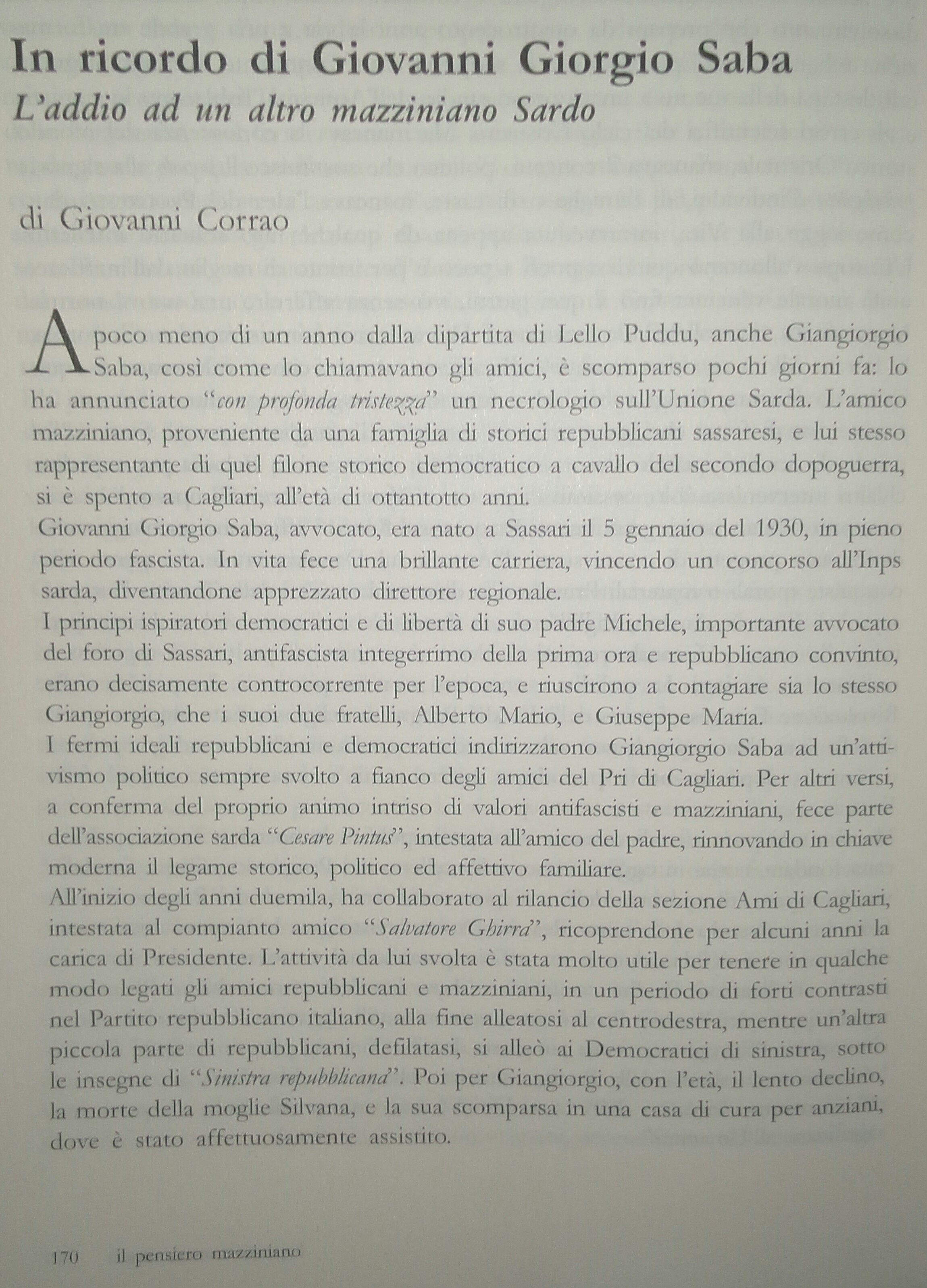 Il ricordo di Giangiorgio Saba su Il Pensiero Mazzininano